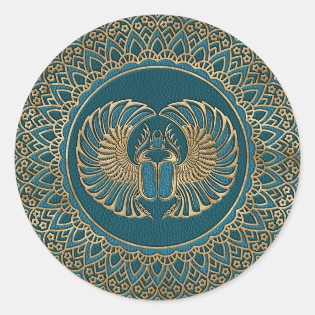 Sticker Rond L'or du scarabée égyptien en cuir Turquoise (Devant)