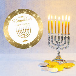 Sticker Rond L'or et la Menorah blanche Juif Joyeux Hanoukka