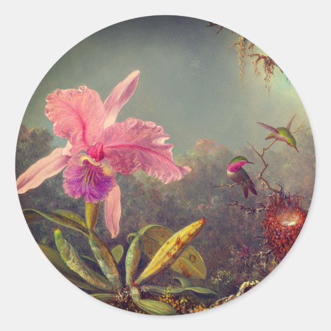 Sticker Rond L'orchidée de Cattleya et trois colibris Heade (Devant)