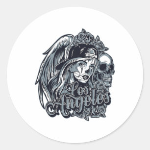Sticker Rond Los Angeles Chicana Design Avec Des Roses De Crâne
