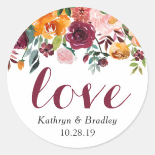 Sticker Rond Lot Script Aquarelle Bourgogne rose Orange Floral