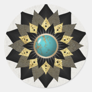 Sticker Rond Lotus Flower Mandala Elegant de Black Gold Turquoi