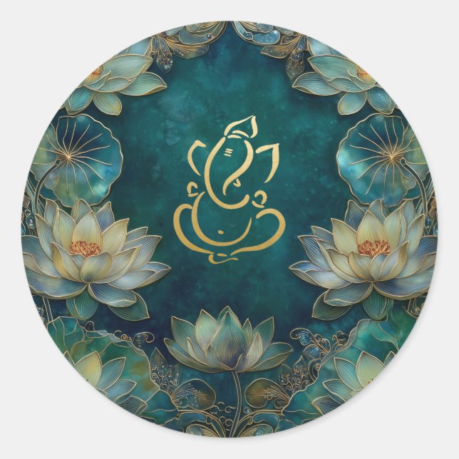 Sticker Rond Lotus Indian Ganesh Mariage | Or vert (Devant)