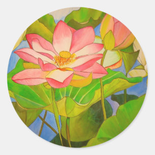 Sticker Rond Lotus rose nénuphar aquarelle peinture