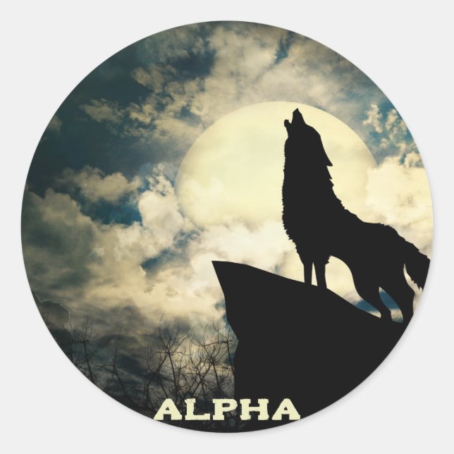 Sticker Rond Loup Alpha Hurleur à la pleine lune (Devant)