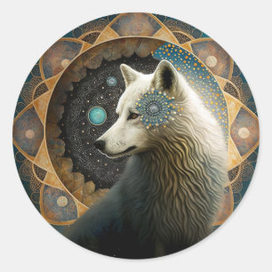 Sticker Rond Loup blanc Mandala