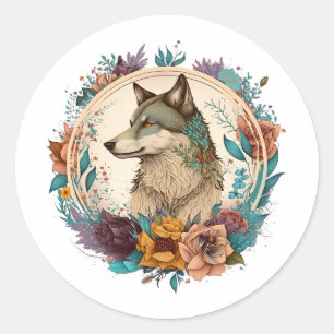 Sticker Rond Loup Coloré Avec Fleurs