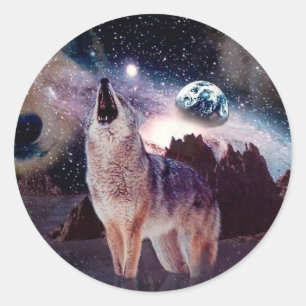Sticker Rond Loup hurlant à travers l'univers