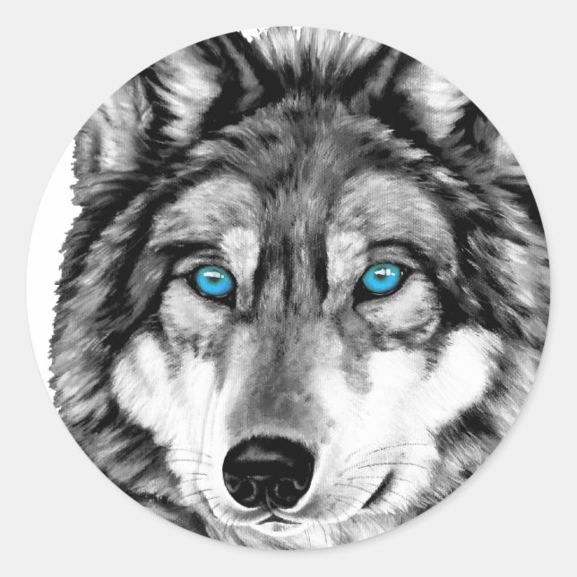 Sticker Rond Loup peint niveaux de gris yeux bleus (Devant)