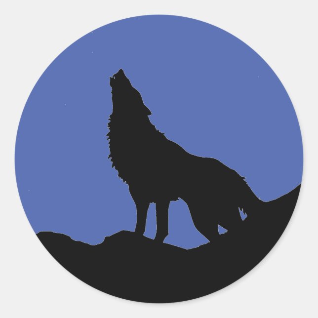 Sticker Rond Loup solitaire debout sur une colline Black Blue P (Devant)