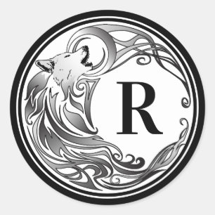 Sticker Rond Loup tribal - Monogramme ombragé