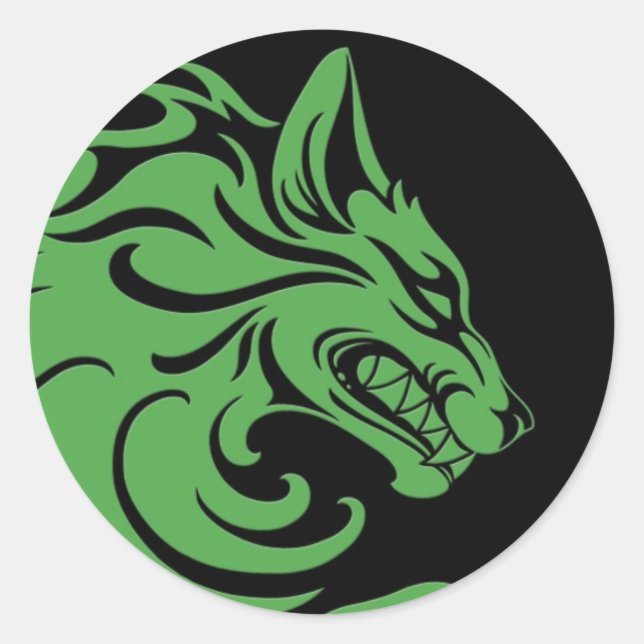 Sticker Rond Loup tribal vert et noir agressif (Devant)