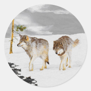 Sticker Rond Loups en peinture sur neige - Art original de la f