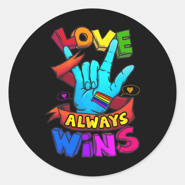 Sticker Rond Love Always Wins ASL Deaf Aware Gay Pride LGB (Devant)