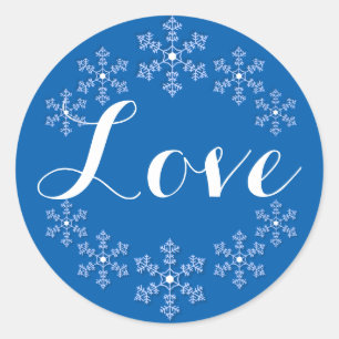 Sticker Rond Love Among Snowflakes Bleu et blanc
