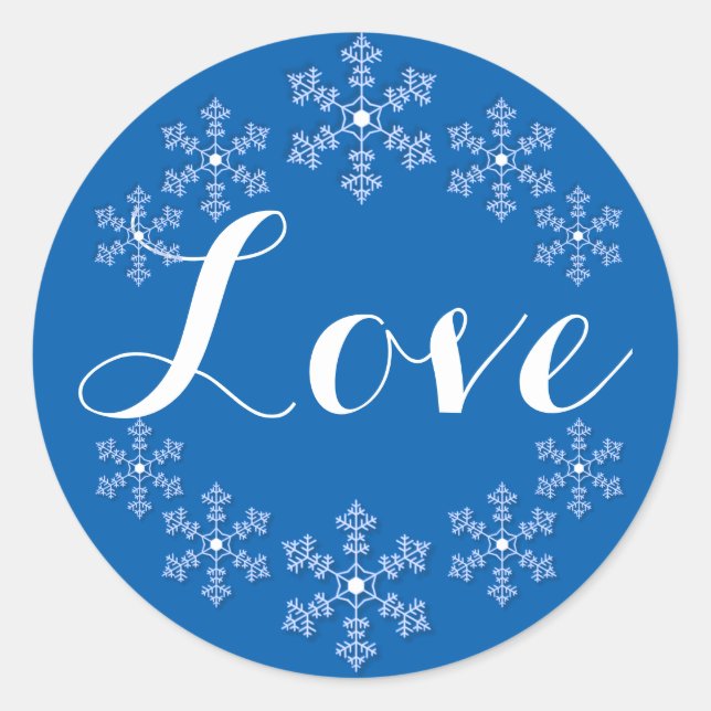 Sticker Rond Love Among Snowflakes Bleu et blanc (Devant)
