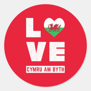 Sticker Rond Love Cymru Am Byth Wales Drapeau Gallois Racines V
