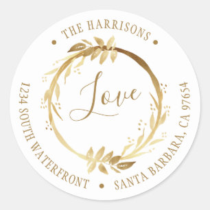 Sticker Rond Love Gold Wreath White Family Adresse de retour