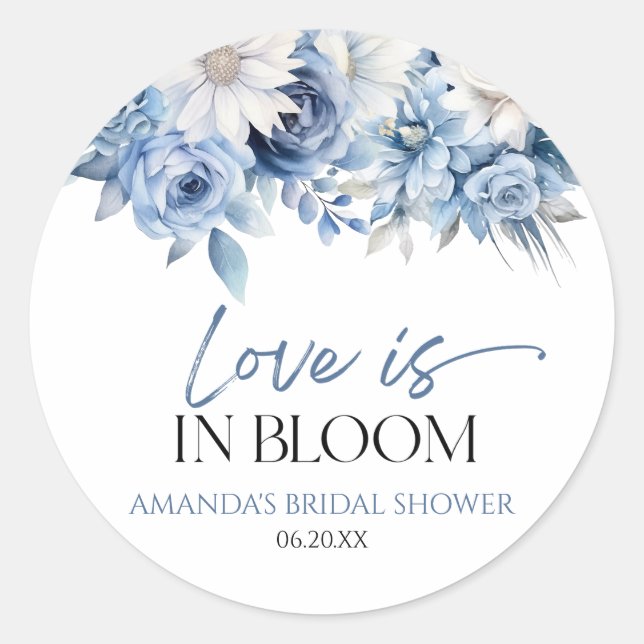 Sticker Rond Love Is In Bloom Dusty Blue Floral Mariage (Devant)