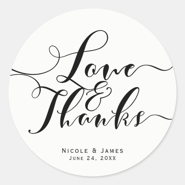 Sticker Rond Love & Merci Black Script Custom Wedding Favor (Devant)