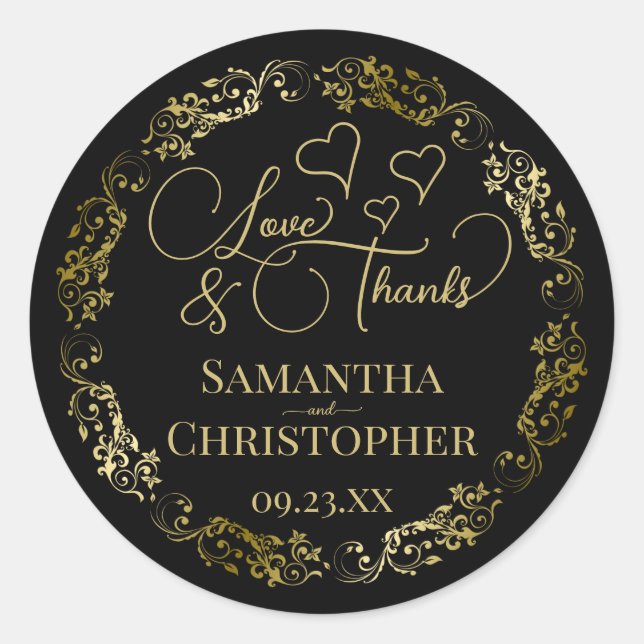 Sticker Rond Love & Merci Elegant Black & Gold Mariage (Devant)
