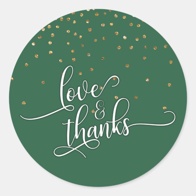 Sticker Rond Love & Merci Script, Gold Confetti et Leaf Green (Devant)
