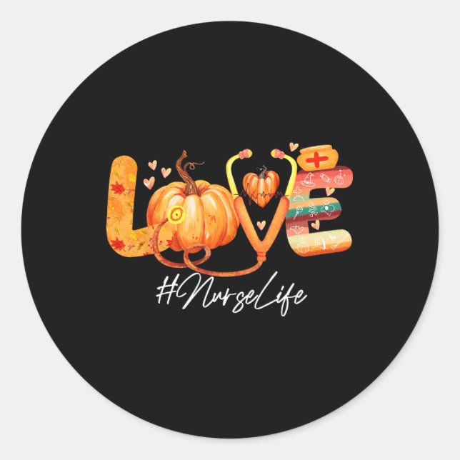 Sticker Rond Love Nurse Life Citrouille Automne Automne Thanksg (Devant)