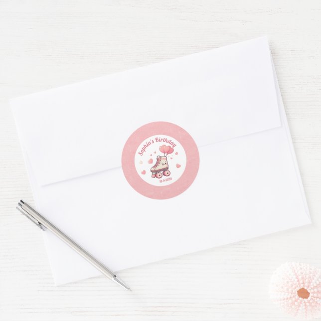 Sticker Rond Love Roller Skating Pink Girl's Birthday Party (Enveloppe)