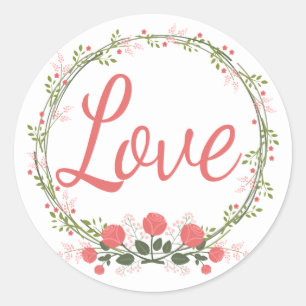 Sticker Rond Love Rose Floral Wreath Rouge rose de mariage Stic