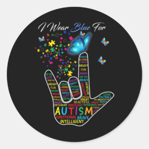 Sticker Rond Love Sign Language Main Je Porte Le Bleu Pour Auti
