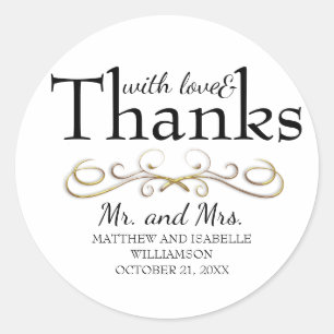 Sticker Rond Love & Thanks Gold Flourish Mariage Enveloppe Phoq
