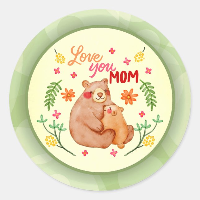 Sticker Rond Love You Mom - Mama Bear and Cub Fête des mères (Devant)