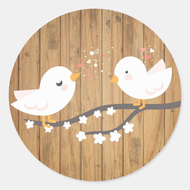 Sticker Rond Lovebirds blancs rustiques Brown Mariage bois (Devant)