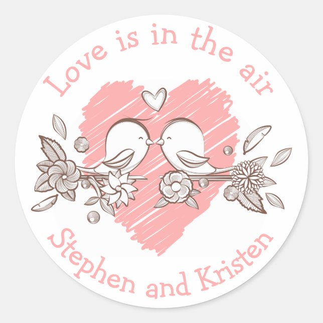 Sticker Rond Lovebirds Pink Heart Mariage Amour personnalisé (Devant)