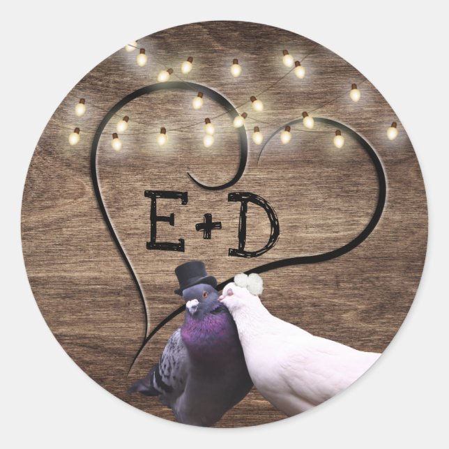 Sticker Rond Lovebirds & String Lights Monogramme Mariage rusti (Devant)