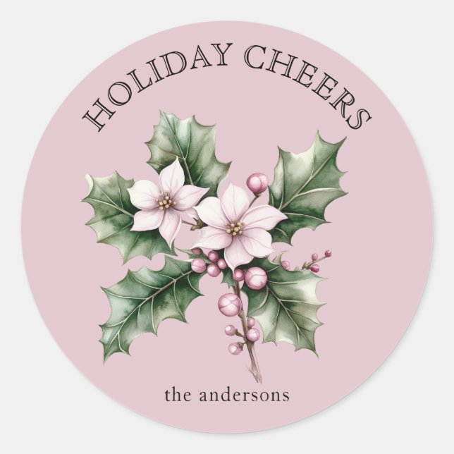 Sticker Rond Lovey Pink Poinsettia Flowers Holiday Cheers  (Devant)