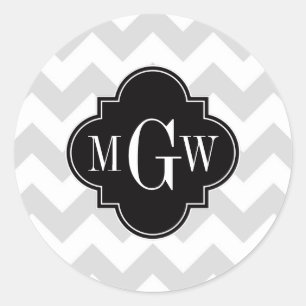 Sticker Rond Lt Gray Wht Chevron Black Quatrefoil 3 monogram