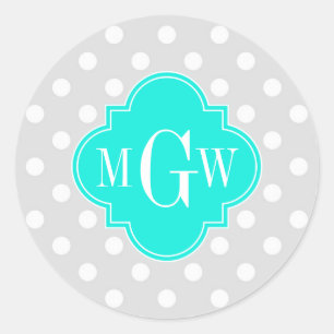 Sticker Rond Lt Grey Pois Brt Aqua Quatrefoil 3 Monogramme