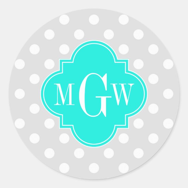Sticker Rond Lt Grey Pois Brt Aqua Quatrefoil 3 Monogramme (Devant)