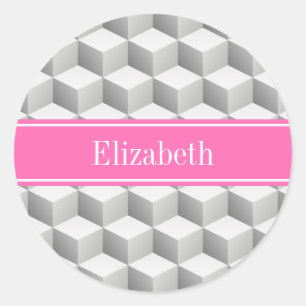 Sticker Rond Lt Grey Wht 3D Look Cube HotPink #2 Nom Monogramme