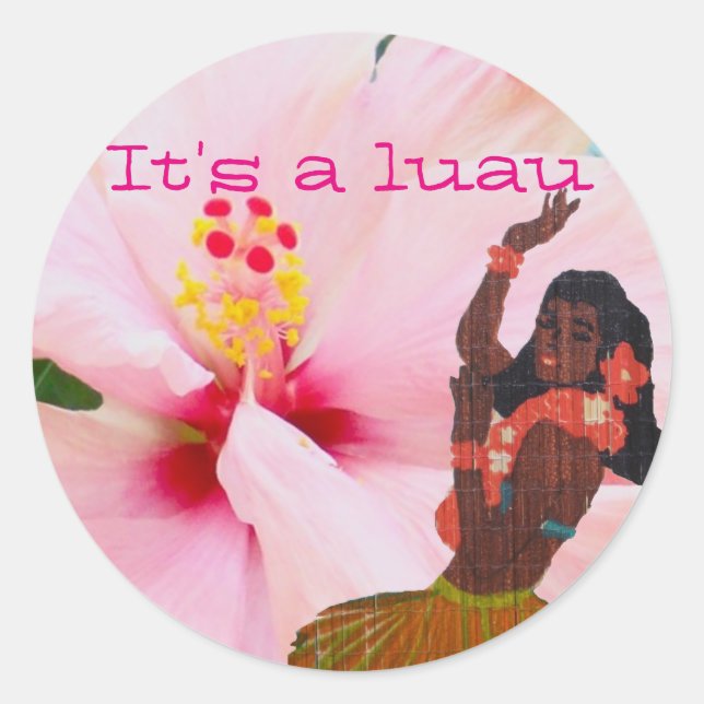 Sticker Rond Luau Pink Hibiscus and Grass Skirt Hula Girl (Devant)