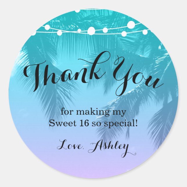 Sticker Rond Luau Turquoise rose doux 16 Merci (Devant)