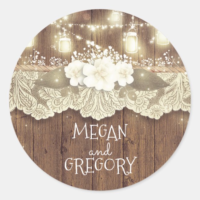 Sticker Rond Lucioles de bois rustique Mason Jars Mariage de gr (Devant)