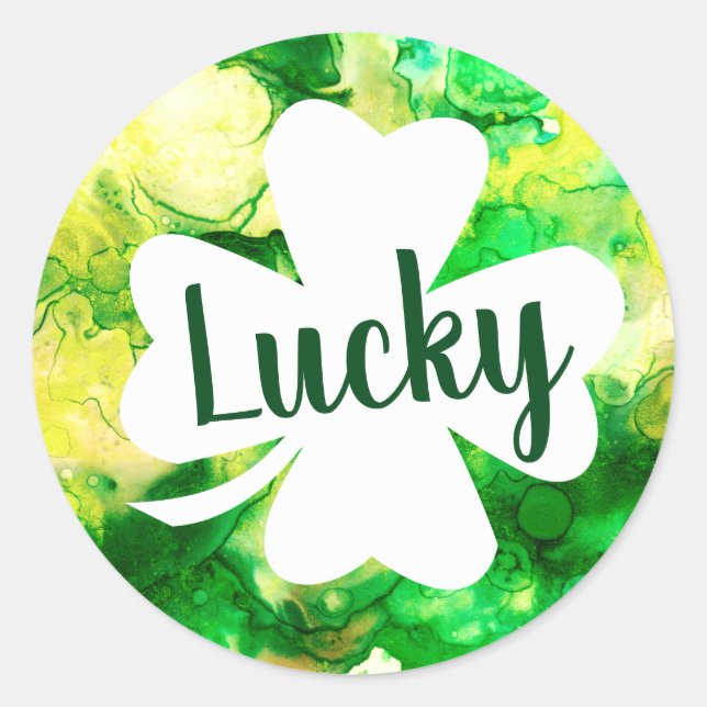 Sticker Rond Lucky Green Ink Splatter Shamrock (Devant)