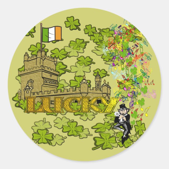 Sticker Rond Lucky Leprechaun et son château irlandais (Devant)