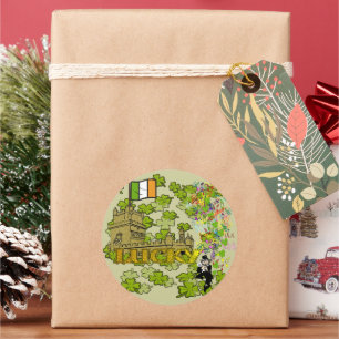 Sticker Rond Lucky Leprechaun et son château irlandais