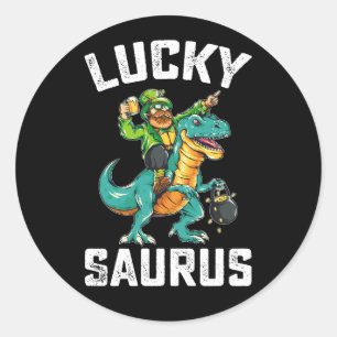 Sticker Rond Lucky Saurus Dinosaur T Rex St Patrick's Day