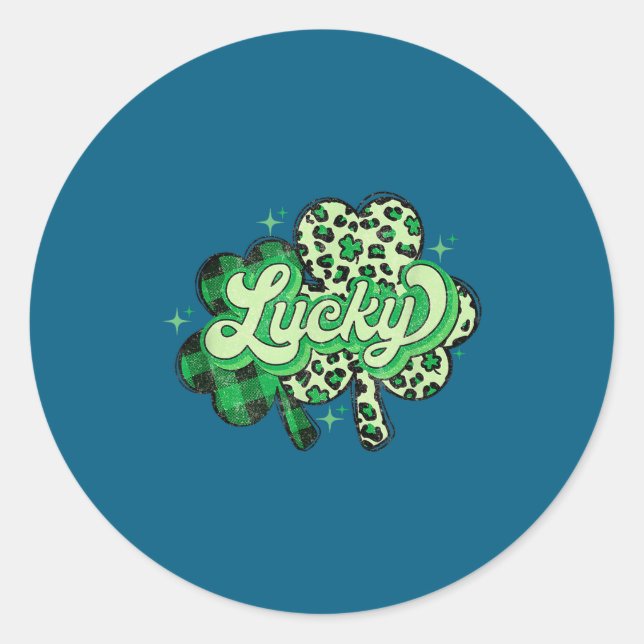 Sticker Rond Lucky Shamrock Leopard,checkered Patricks Day Funn (Devant)