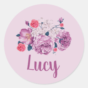 Sticker Rond Lucy Nom Floral Fleur Rose Fille Personnalisé Vint