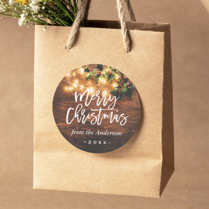 Sticker Rond Lumières à cordes de bois rustique Joyeux Noël
